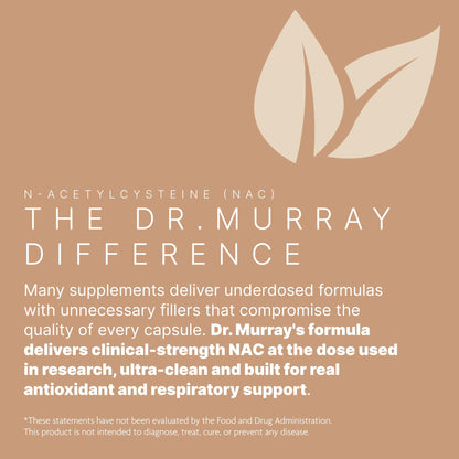 Dr. Murray's Ultra Clean N-Acetylcysteine NAC Supplement 600 mg - Respiratory & Liver Support | Vegan | Non-GMO | Gluten Free | Third-Party Tested | 120 Capsules