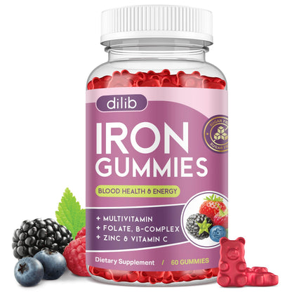 Iron Gummies with Multivitamin, Iron Supplement for Women & Men with Zinc, Vitamin B Complex & C, B12, Folate - Blood Builder & Energy Support for Adults & Kids - Strawberry Flavor, Vegan 60 Gummies