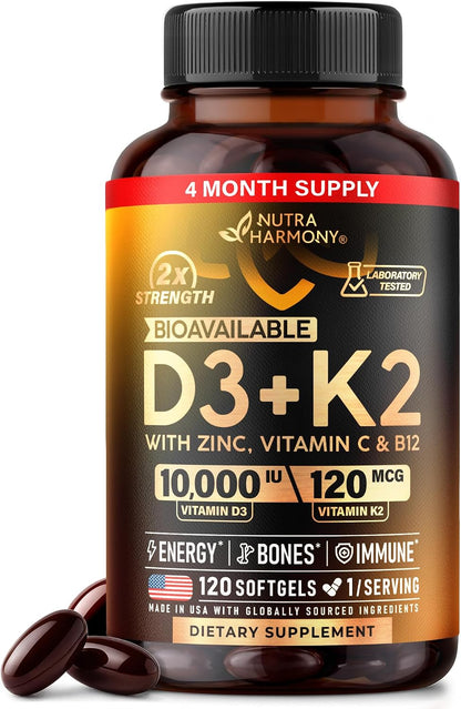 Vitamin D3 K2 - Vitamin D3 10000 iu & K2 120 mcg - Immune & Mood Support, for Bone & Teeth Health - with Zinc, Vitamin C & B12 - Highly Bioavailable - For Men & Women - 120 Softgels, 120 days supply