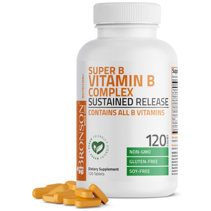 Bronson Super B Vitamin B Complex Sustained Release for Energy, 60 Tablets | B1, B2, B3, B6, Folic Acid, B12, Biotin & Pantothenic Acid, One-Tablet Formula, Non-GMO, Gluten-Free & Soy-Free