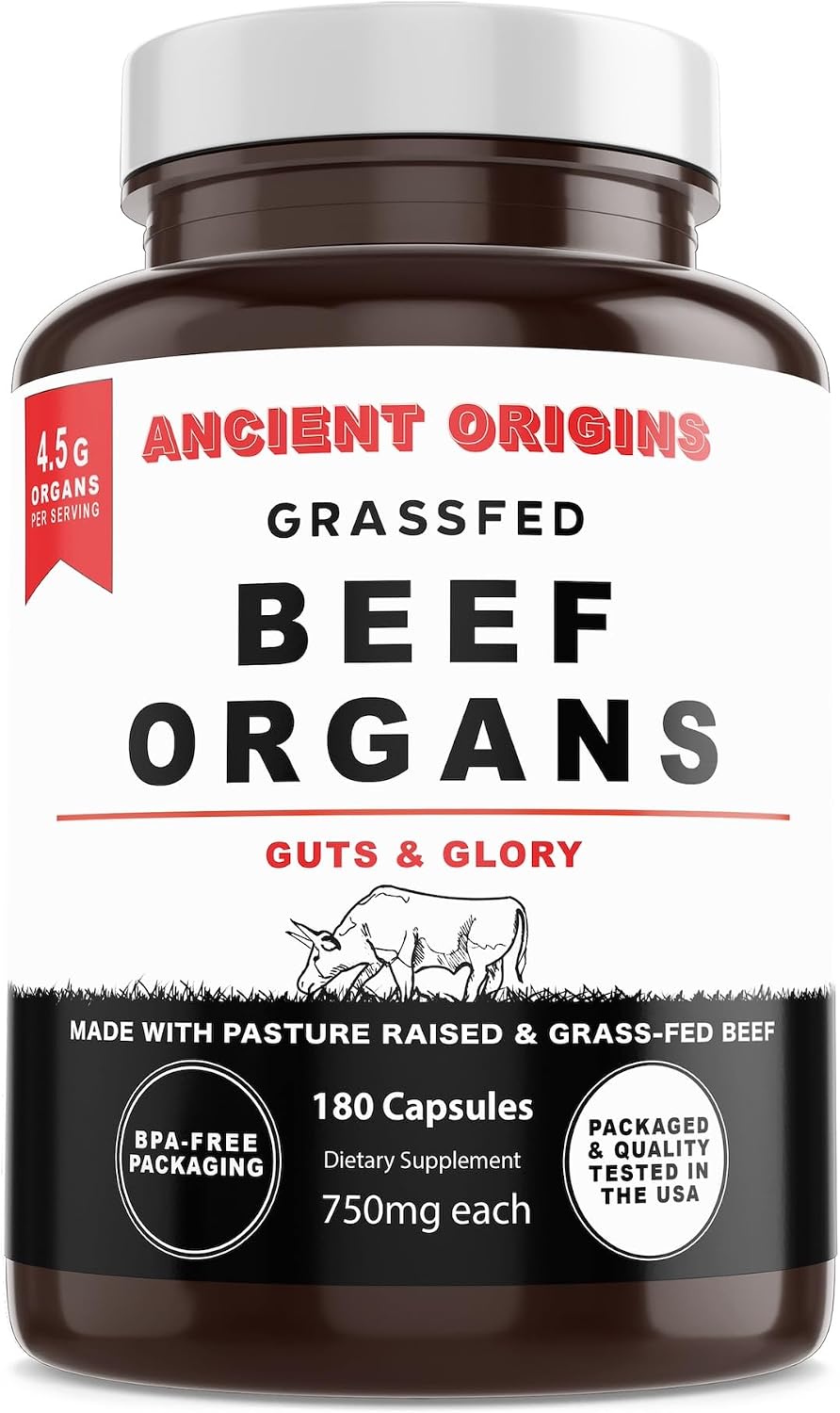 Ancient Origins Grass Fed Beef Organs Supplement 4500 mg - Desiccated Liver, Bone Marrow, Heart, Spleen, Pancreas & Kidney, Non-GMO, Gluten Free, Undefatted (180 Capsules, 750mg Each)