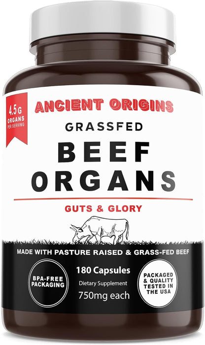 Ancient Origins Grass Fed Beef Organs Supplement 4500 mg - Desiccated Liver, Bone Marrow, Heart, Spleen, Pancreas & Kidney, Non-GMO, Gluten Free, Undefatted (180 Capsules, 750mg Each)