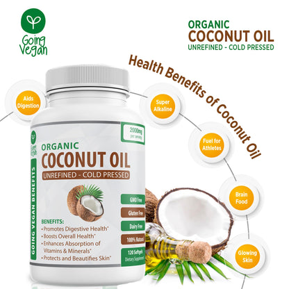 Organic Coconut Oil Capsules 2000mg - 100% Extra Virgin, Cold Pressed for Healthy Skin