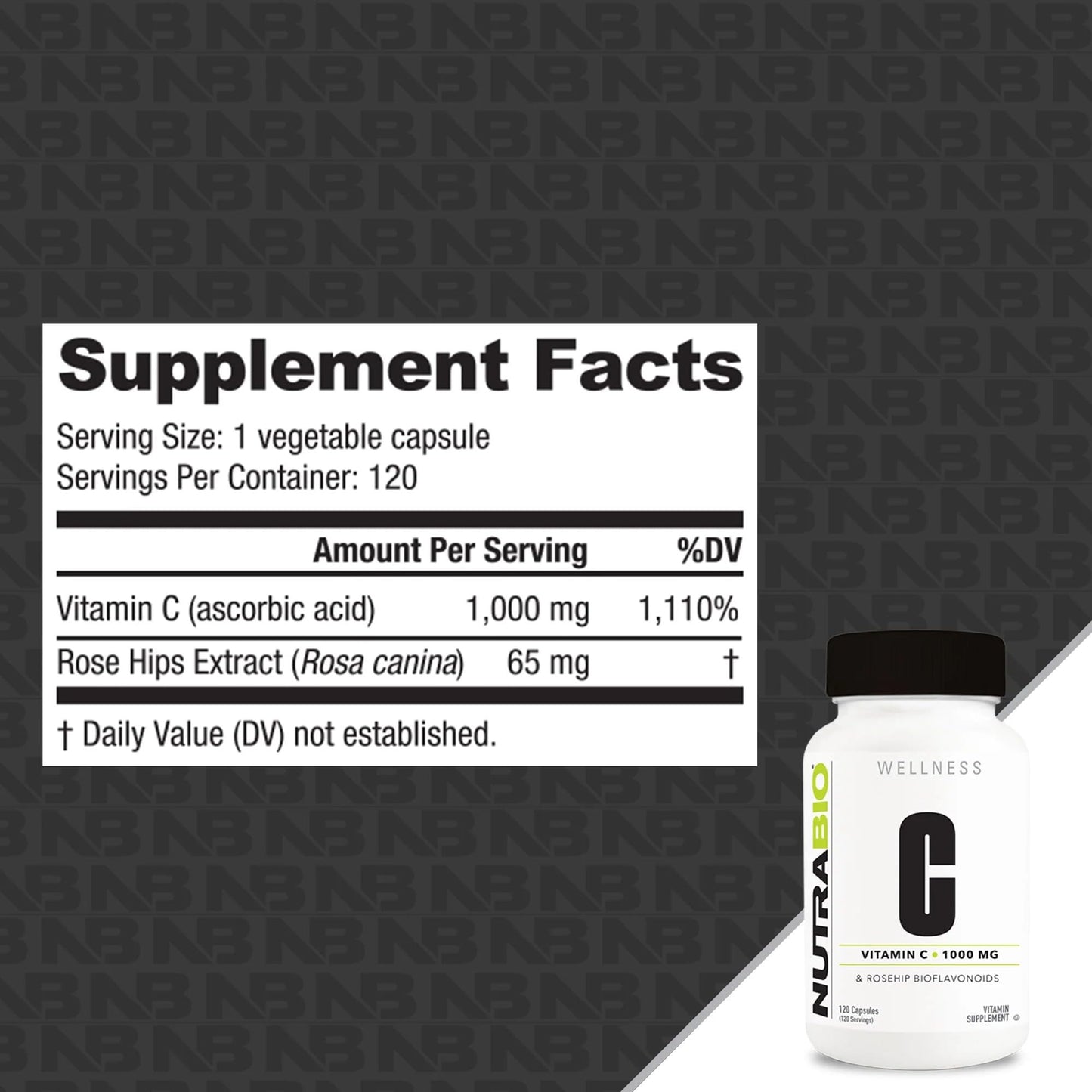 NutraBio Vitamin C with Rose Hips - Supports Healthy Bones, Teeth and Gums, Immune Function - No Fillers or Excipients - (120 Capsules, 1000mg of Vitamin C per Capsule)