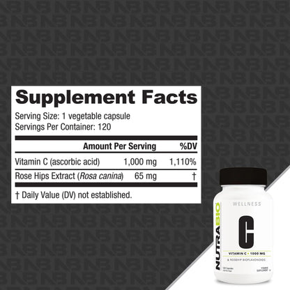 NutraBio Vitamin C with Rose Hips - Supports Healthy Bones, Teeth and Gums, Immune Function - No Fillers or Excipients - (120 Capsules, 1000mg of Vitamin C per Capsule)