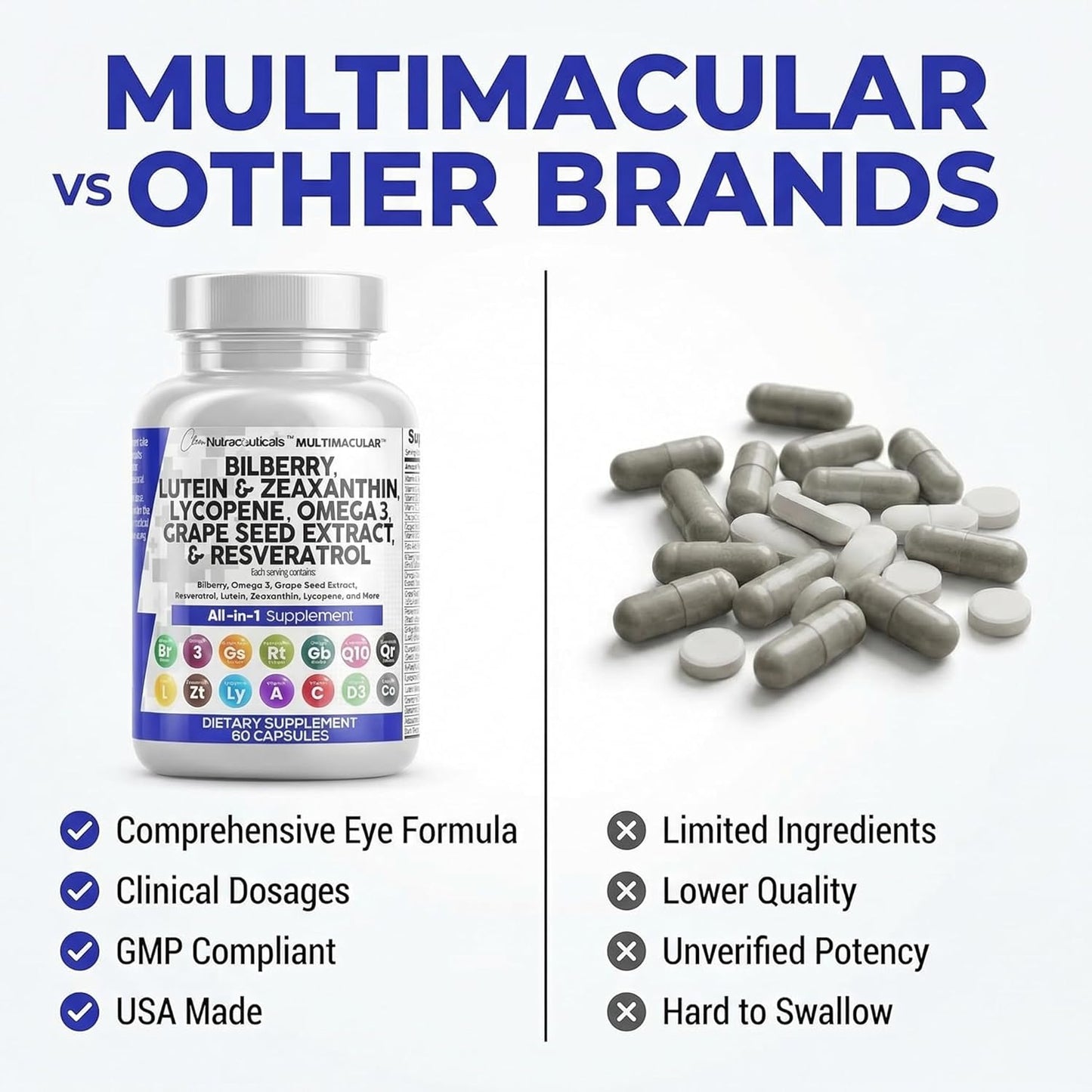 Clean Nutra Eye Vitamins with Bilberry Lutein and Zeaxanthin Supplements Lycopene 40mg Resveratrol Grape Seed Astaxanthin for Eyes - Eye Care Health Support Eye Vitamin and Mineral Supplement