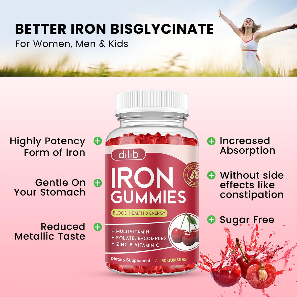 Iron Gummies with Multivitamin, Iron Supplement for Women & Men with Zinc, Vitamin B Complex & C, B12, Folate - Blood Builder & Energy Support for Adults & Kids - Strawberry Flavor, Vegan 60 Gummies