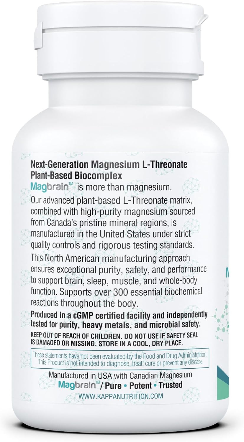 Kappa Nutrition, Magbrain® Plant‑Derived Magnesium L‑Threonate, 144 mg Elemental Magnesium, Brain & Nervous System Support, 60 Vegan Capsules, Once‑Daily Biocomplex.