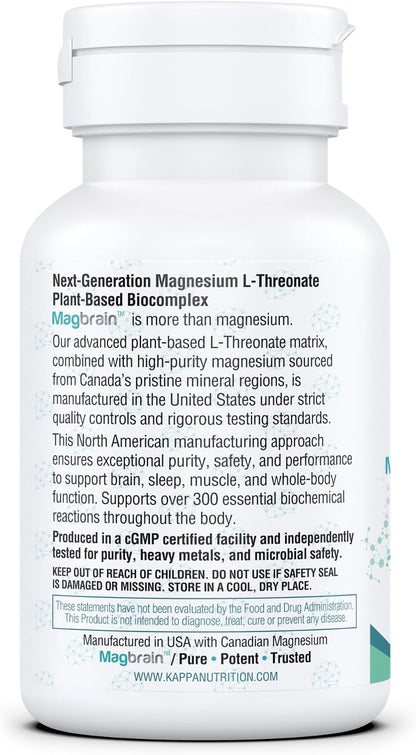 Kappa Nutrition, Magbrain® Plant‑Derived Magnesium L‑Threonate, 144 mg Elemental Magnesium, Brain & Nervous System Support, 60 Vegan Capsules, Once‑Daily Biocomplex.