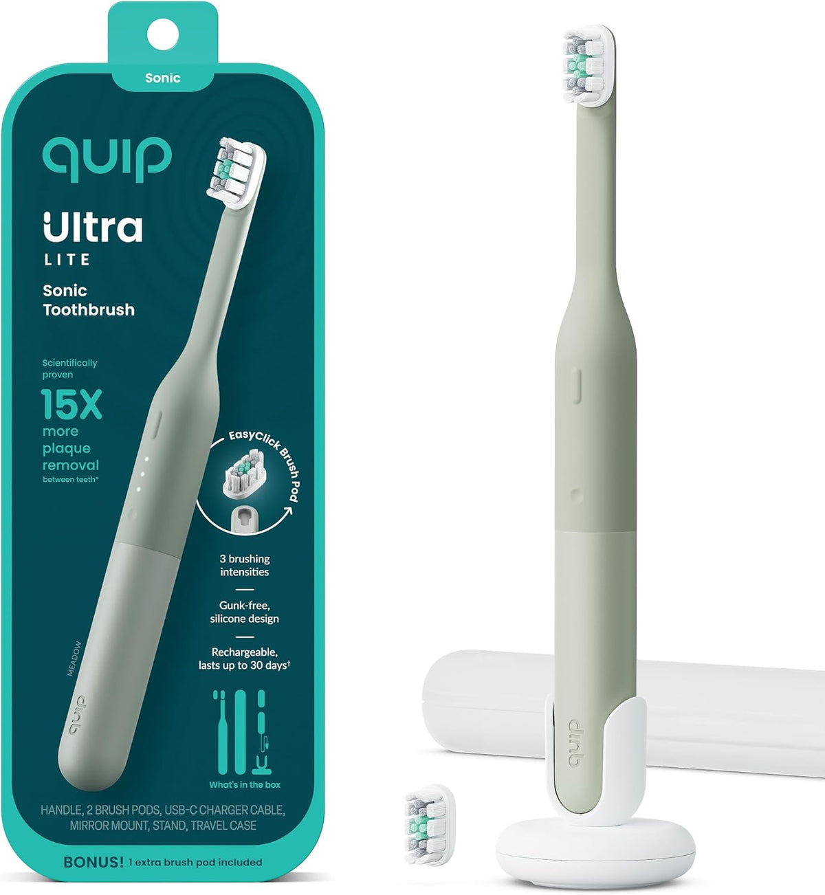 Quip Ultra Lite Sonic Electric Toothbrush with Rapid Dissolvable Teeth Whitening Strips Product Bundle - 15X More Plaque Removal, 20 Treatment Strips, Mint with Coconut Oil - Meadow Green