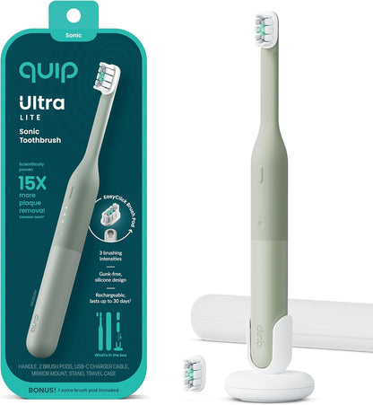 Quip Ultra Lite Sonic Electric Toothbrush with Rapid Dissolvable Teeth Whitening Strips Product Bundle - 15X More Plaque Removal, 20 Treatment Strips, Mint with Coconut Oil - Meadow Green
