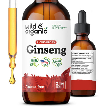 Wild & Organic Korean Panax Ginseng Extract Liquid Drops - Immune & Energy Support - Red Ginseng Root Supplement - Easy to Add to Tea - Vegan, Sugar & Alcohol-Free Tincture - 4 fl oz