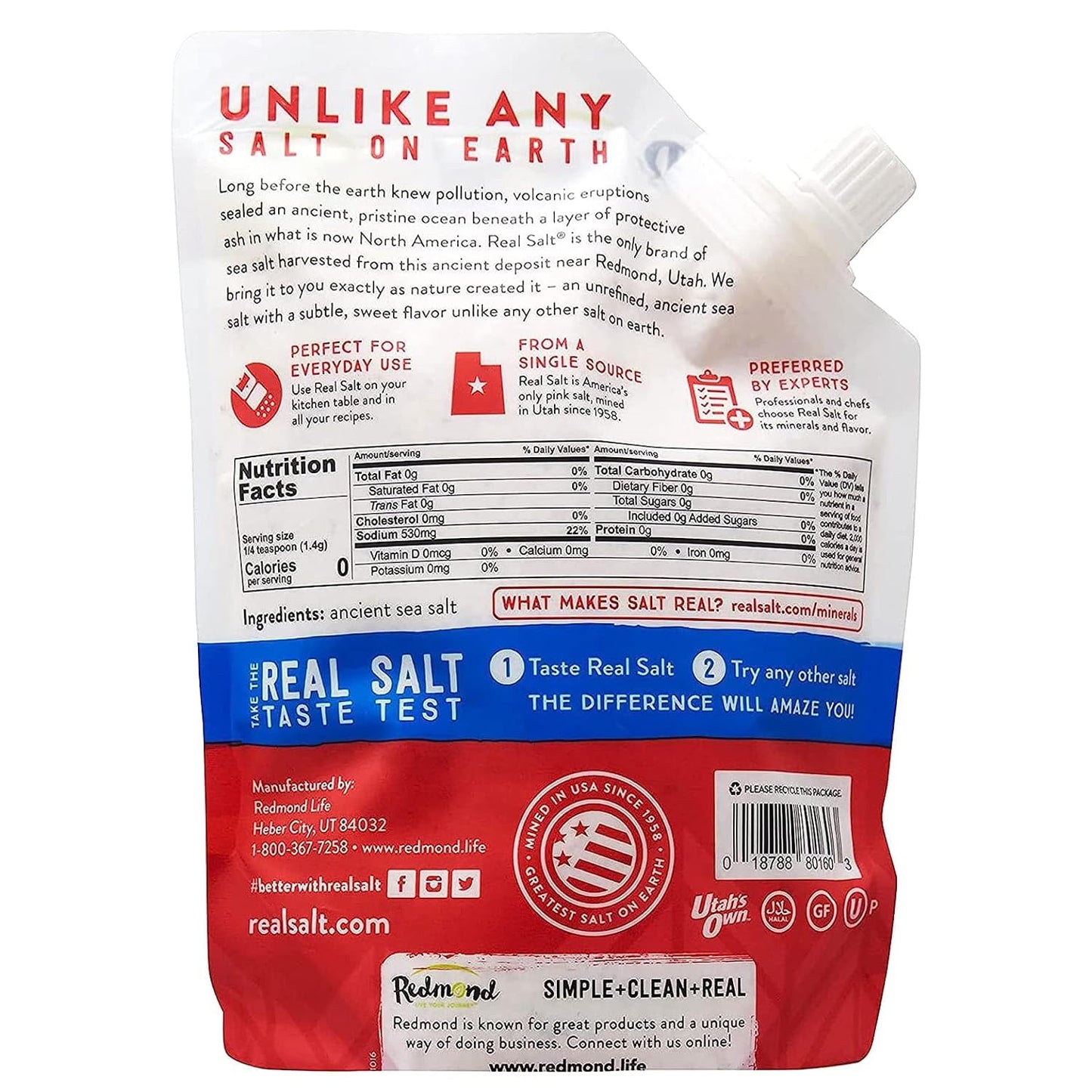 Redmond Real Sea Salt - Natural Unrefined Gluten Free Kosher, 16 Ounce Pouch (1 Pack)