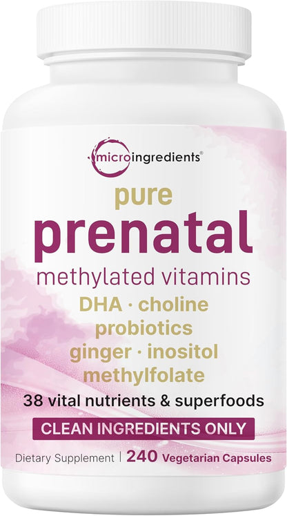Micro Ingredients Prenatal Vitamins for Women | 38-in-1 with Folate, DHA, Choline, Iron, Probiotics, Inositol, & Vitamin C, D, B Complex | No Fillers | 240 Veggie Capsules
