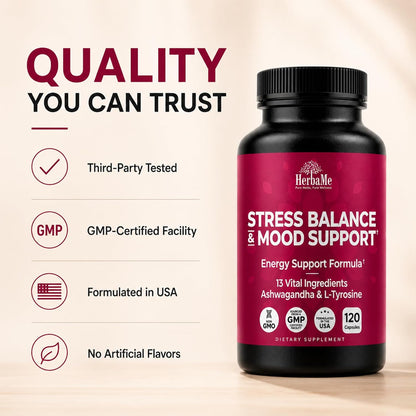 HerbaMe Stress & Mood Support Supplement with Ashwagandha & L-Tyrosine, Energy & Focus Formula, Helps Maintain Balanced Stress Response, 120 Capsules