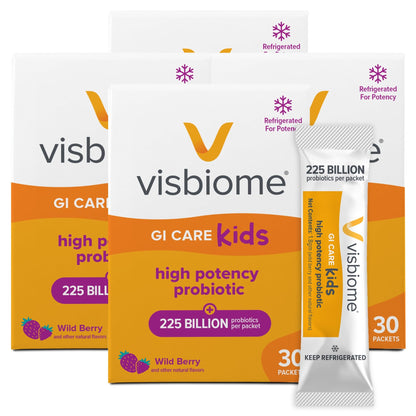 Visbiome® GI Care Kids Probiotic, 225B CFU, Wild Berry, 30 Packets | Original De Simone Formulation®, Multi-Strain, Refrigerated Probiotics, Low FODMAP Certified, Dye-Free, Made in USA