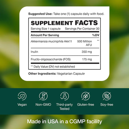 Fresh Nutrition Akkermansia Muciniphila Probiotic 500M AFU for GLP-1 Production - Pre + Probiotic Supplement - 30 Capsules