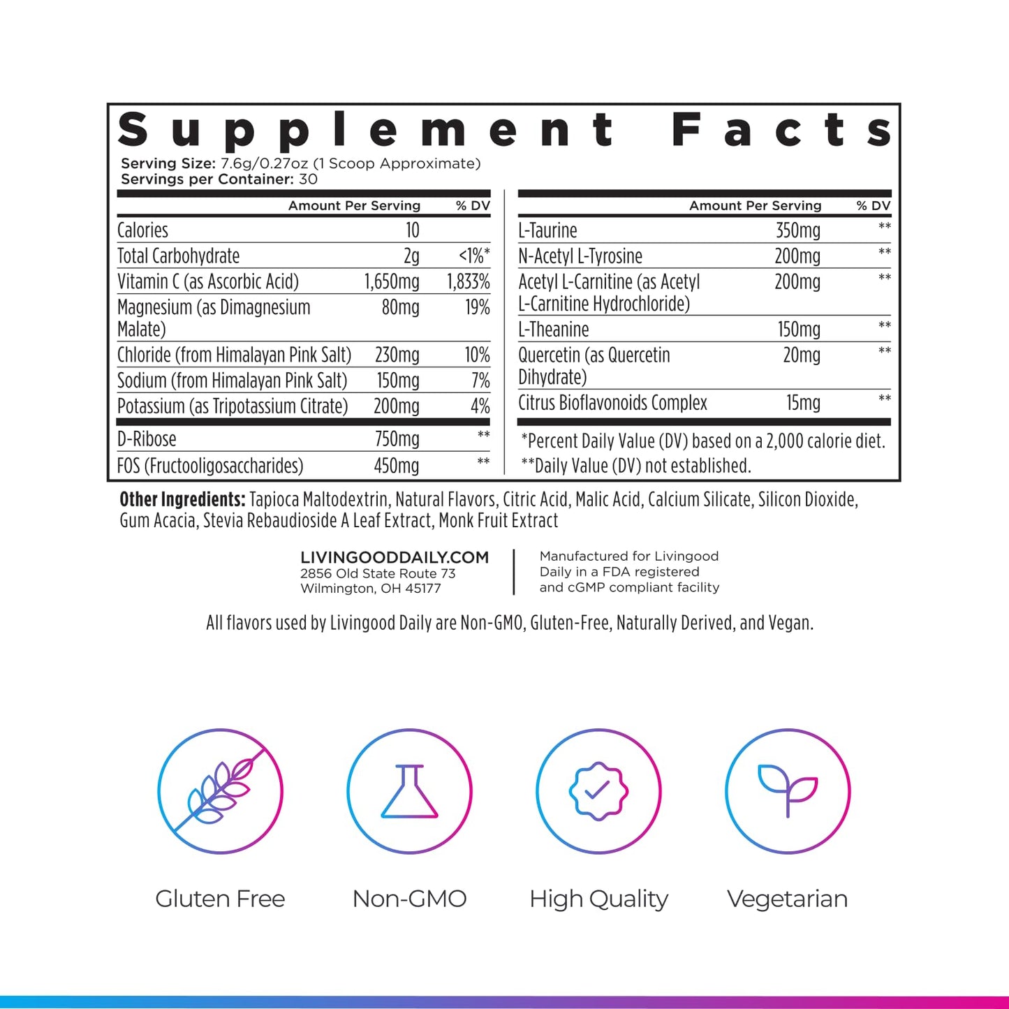 Livingood Daily Electrolytes Powder Strawberry Lemonade, 30 Servings - 4in1 Hydration Powder with Vitamin C, Taurine, D Ribose & FOS, Sugar Free Electrolyte Drink Mix, Keto, Gluten Free - Made in USA