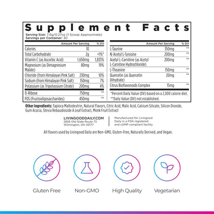 Livingood Daily Electrolytes Powder Strawberry Lemonade, 30 Servings - 4in1 Hydration Powder with Vitamin C, Taurine, D Ribose & FOS, Sugar Free Electrolyte Drink Mix, Keto, Gluten Free - Made in USA