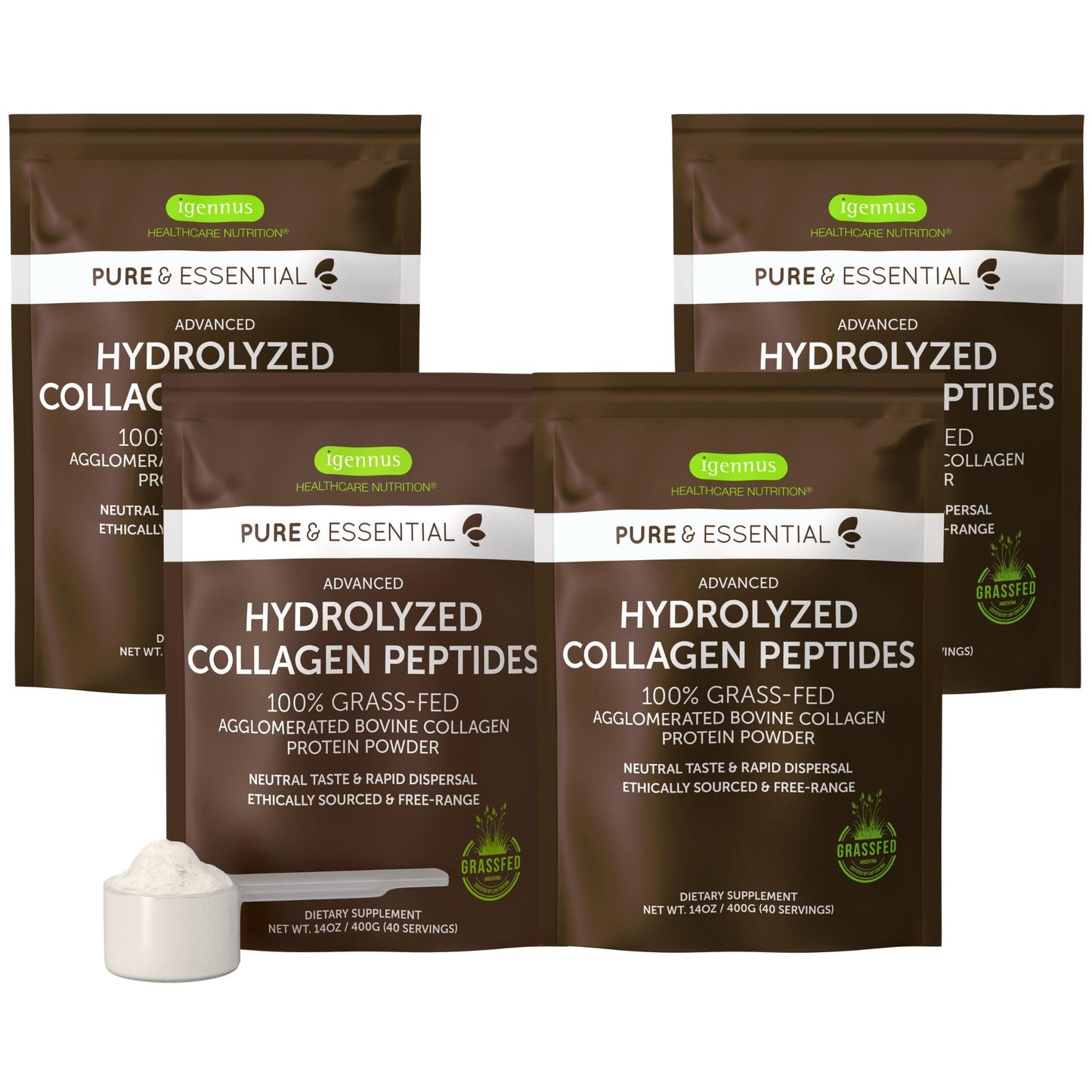 Igennus Free Range Grass Fed Hydrolyzed Bovine Collagen Peptides, Neutral Taste, 100% Highest Grade Bovine Collagen Protein Powder, Types 1, 2 & 3, Clean Label, Non-GMO, Free Range, 40 Servings