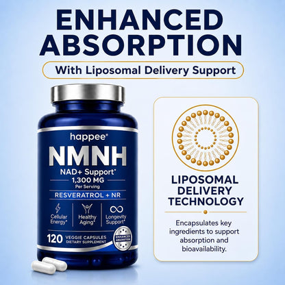 Happee Liposomal NMNH Supplement 1300mg (NMN Alternative) NAD+ | 120 Caps | 6-in-1 NAD+ Formula | Reduced Nicotinamide Mononucleotide (NMNH), Resveratrol, NR, CoQ10 | Cellular Energy & Healthy Aging