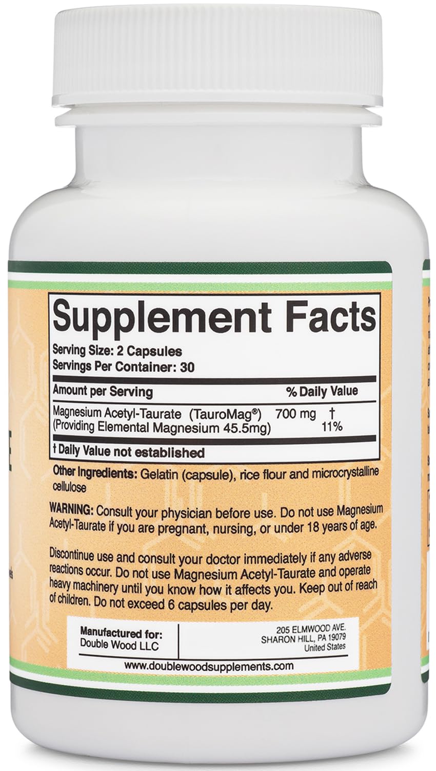 Magnesium Taurate Supplement for Cardiovascular Health to Boost Magnesium Levels (1,500mg per Serving, 210 Vegan Capsules) Non-GMO, Gluten Free, by Double Wood Supplements