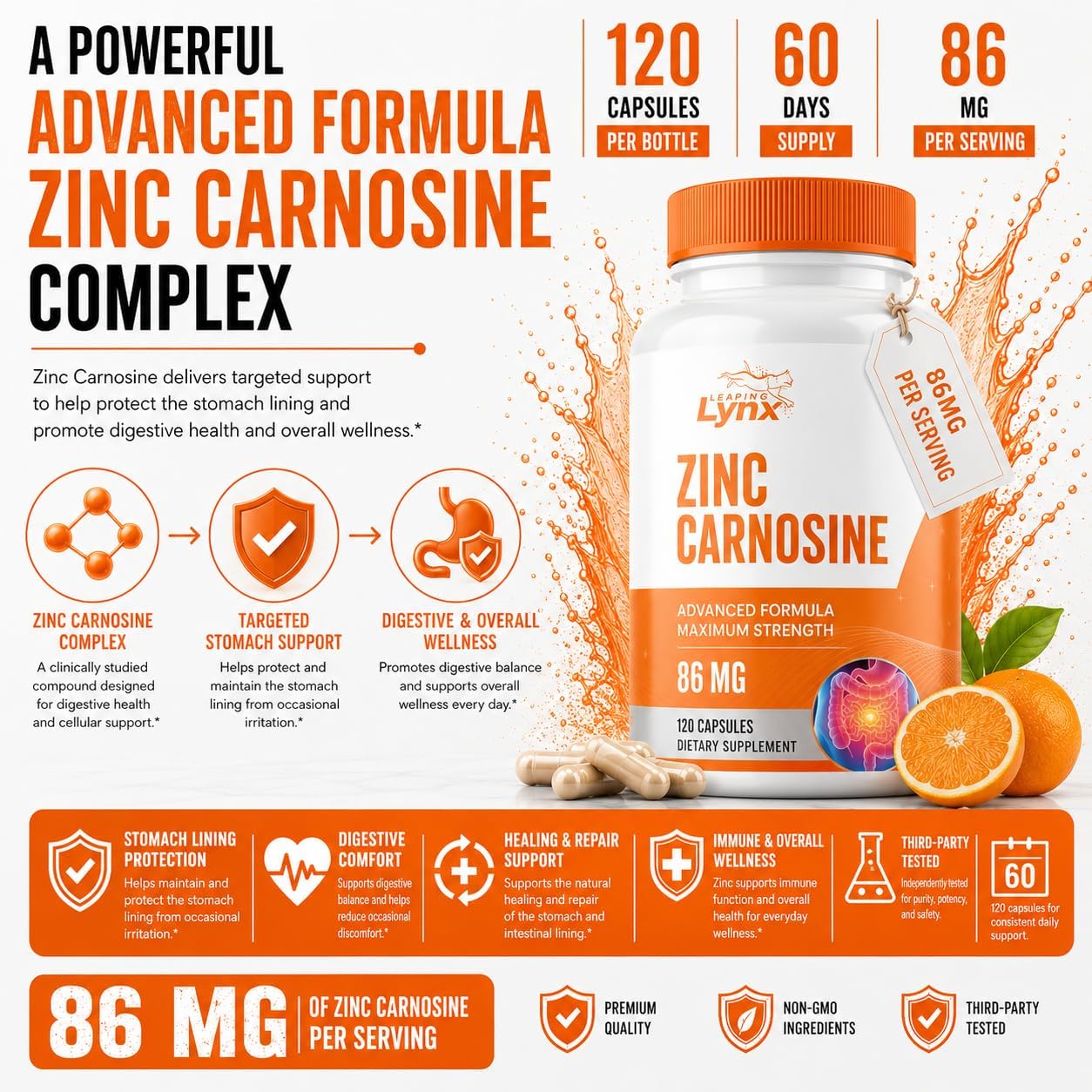 Zinc Carnosine 86 mg – Clinically Studied Zinc + L-Carnosine Complex for Gut Lining & Stomach Support | 120 Capsules (60-Day Supply) | Digestive Comfort, Mucosal Repair & Balance | Non-GMO