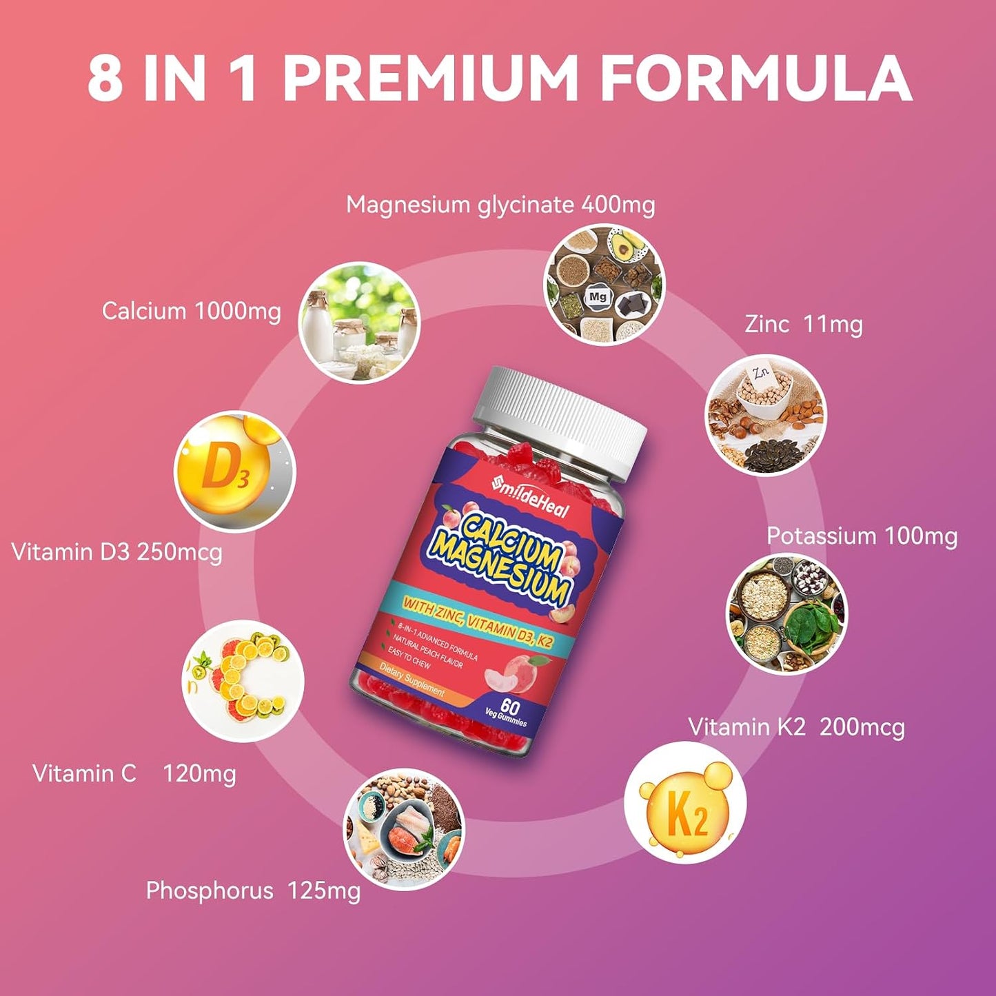 Calcium Magnesium Gummies 600MG, Calcium Magnesium Zinc Gummies with Vitamin D3 - High Absorption Complex Calcium Supplement, Vegan, 60 Counts