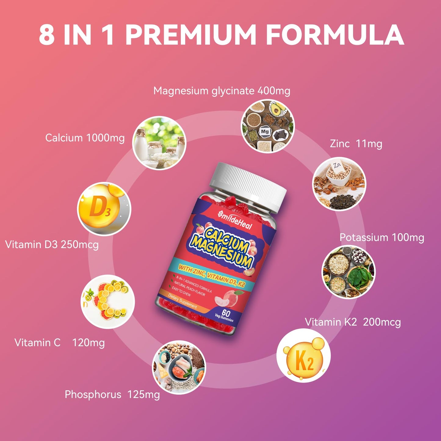 Calcium Magnesium Gummies 600MG, Calcium Magnesium Zinc Gummies with Vitamin D3 - High Absorption Complex Calcium Supplement, Vegan, 60 Counts