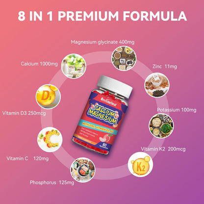 Calcium Magnesium Gummies 600MG, Calcium Magnesium Zinc Gummies with Vitamin D3 - High Absorption Complex Calcium Supplement, Vegan, 60 Counts