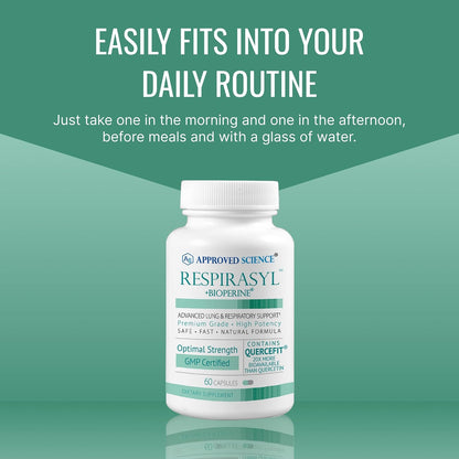 Approved Science® Respirasyl - Lung and Respiratory Support - with Quercefit, Vitamins A,C,D, BioPerine - 3 Month Supply - Made in the USA
