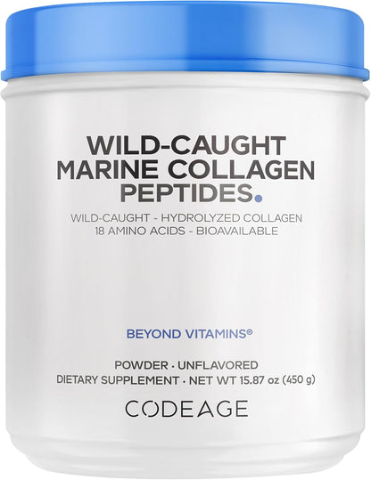 Codeage Marine Collagen Powder - Wild-Caught Hydrolyzed Fish Collagen Peptides - Type 1 & 3 Collagen Protein Supplement - Amino Acids for Skin, Hair, Nails - Paleo Friendly, Non-GMO, 15.87 Ounces