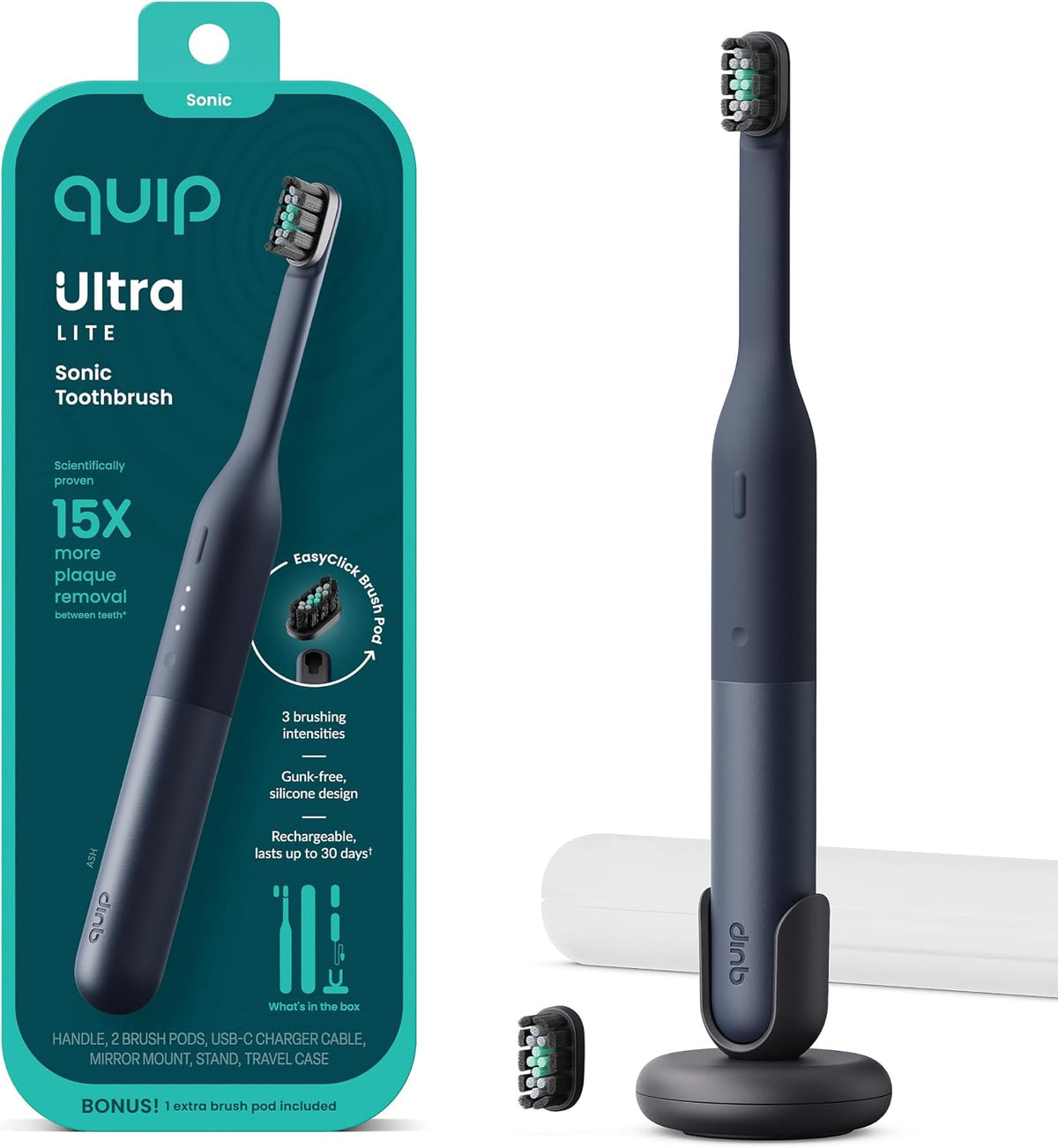 Quip Ultra Lite Sonic Electric Toothbrush with EasyClick Brush Pod Refill Heads Product Bundle - Slim Lightweight Design, 15X More Plaque Removal - Soft Bristles, Compact - Ash Black