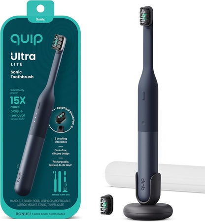 Quip Ultra Lite Sonic Electric Toothbrush with EasyClick Brush Pod Refill Heads Product Bundle - Slim Lightweight Design, 15X More Plaque Removal - Soft Bristles, Compact - Ash Black