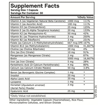 envitamin Womens Methylated Multivitamin Multimineral Horsetail, Iron, Biotin Complex with L Methylfolate for Ultra Absorption