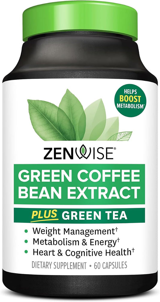 Zenwise Health Green Coffee Bean, Green Tea Extract Capsules - 60 CT | Capsules, 50% EGCG, 98% Polyphenols, Coffee Bean Extract, Antioxidant, Heart Brain & Metabolism Support