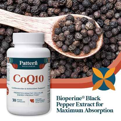 Pattern Wellness CoQ10 – 200mg Ubiquinone with BioPerine® Black Pepper Extract – Cellular Energy & Vitality Support – Non-GMO – 30 Vegan Capsules*