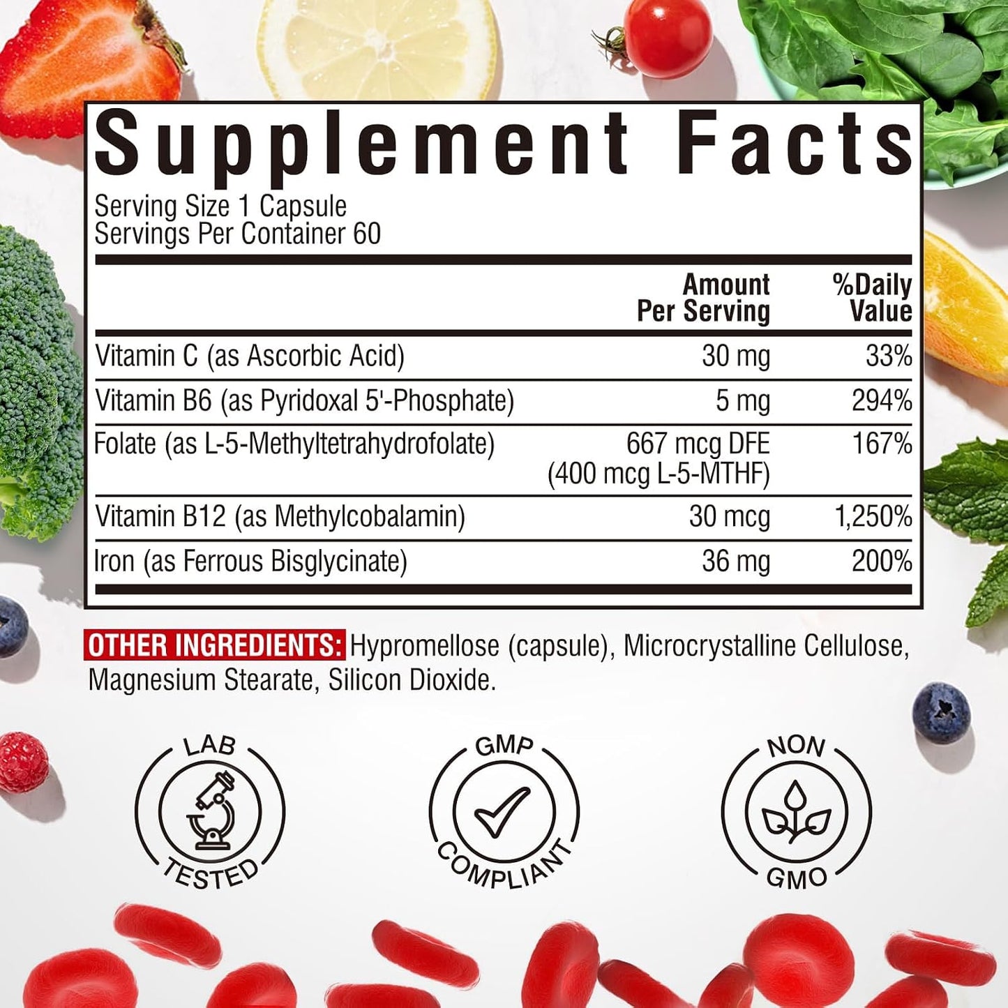 Iron Supplement for Women & Men, with Vitamins C, B6, B12 & Folate | for Iron Deficiency, Blood Building & Energy Support, Stomach Friendly, Better Absorption, Non-GMO, No Gluten, 60 Vegan Caps