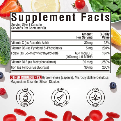 Iron Supplement for Women & Men, with Vitamins C, B6, B12 & Folate | for Iron Deficiency, Blood Building & Energy Support, Stomach Friendly, Better Absorption, Non-GMO, No Gluten, 60 Vegan Caps