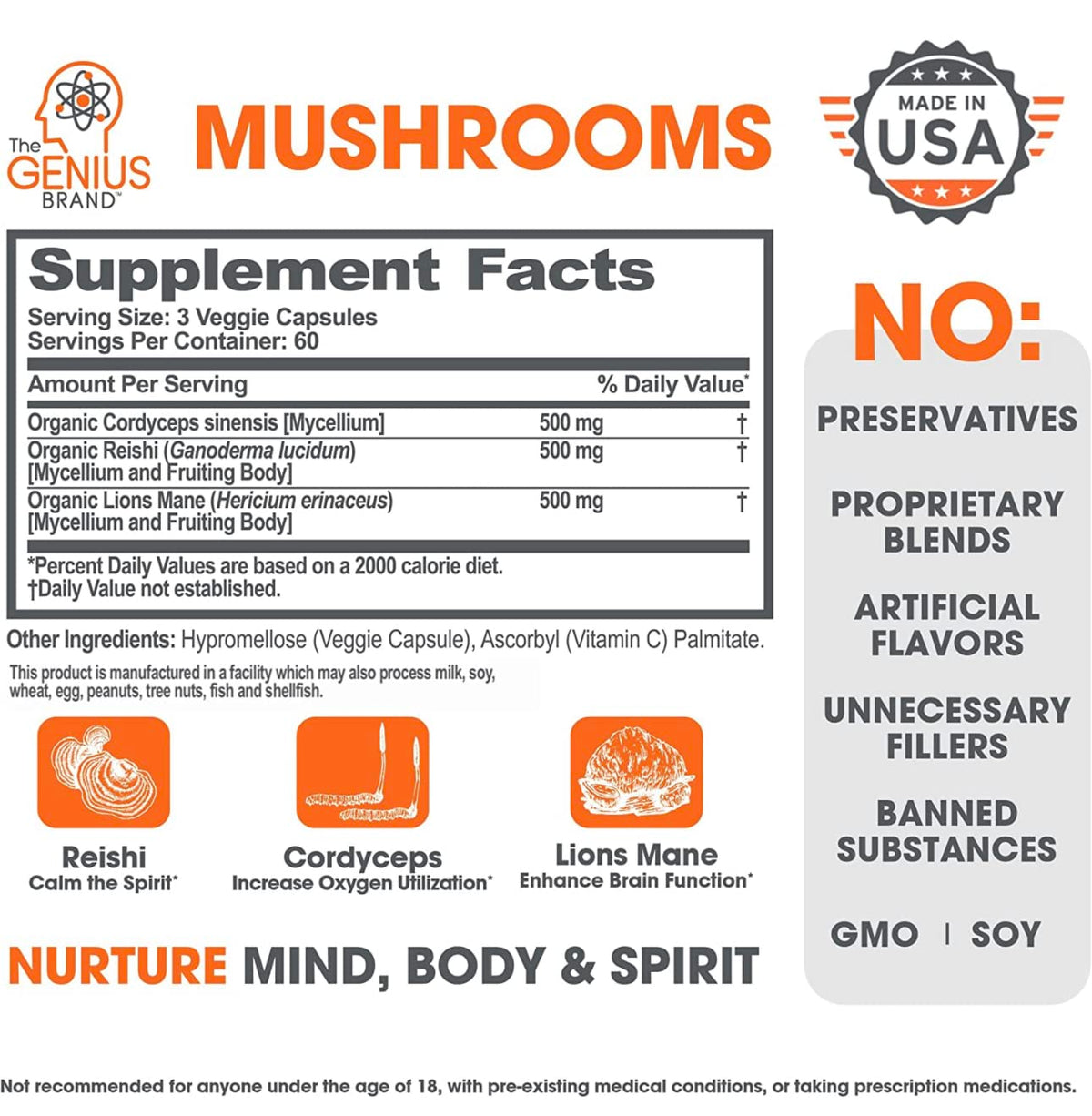 The Genius Brand - Lions Mane, Cordyceps and Reishi- Genius Mushroom