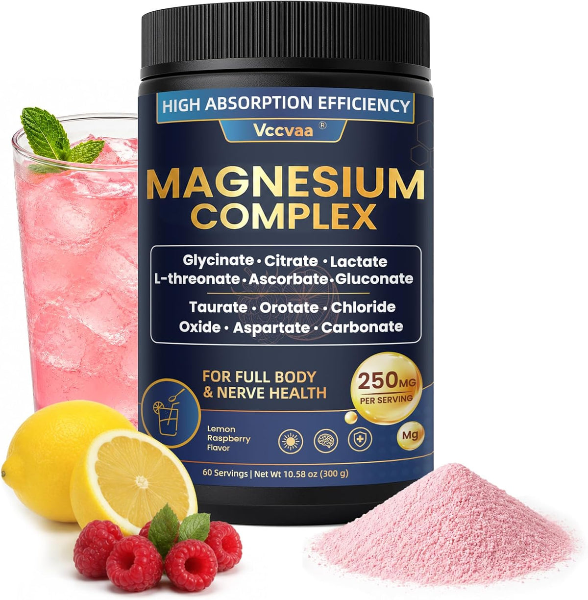 Magnesium Complex Powder Supplement with Glycinate, Citrate, Malate, Magnesium Complex with L-threonate for Muscle, Heart & Brain, Vegan (60 Servings) Lemon Raspberry