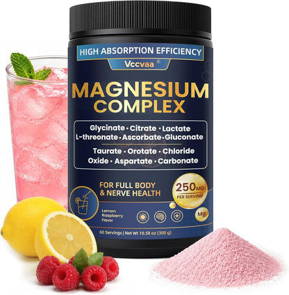 Magnesium Complex Powder Supplement with Glycinate, Citrate, Malate, Magnesium Complex with L-threonate for Muscle, Heart & Brain, Vegan (60 Servings) Lemon Raspberry