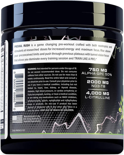 Cutler Nutrition Prevail Rush High-Stim Pre-Workout Powder, 20 Servings | Cotton Candy Grape, 20 Servings | With Caffeine, Dynamine, NO3-T Betaine and Nootropics for Energy, Focus and Muscle Pumps