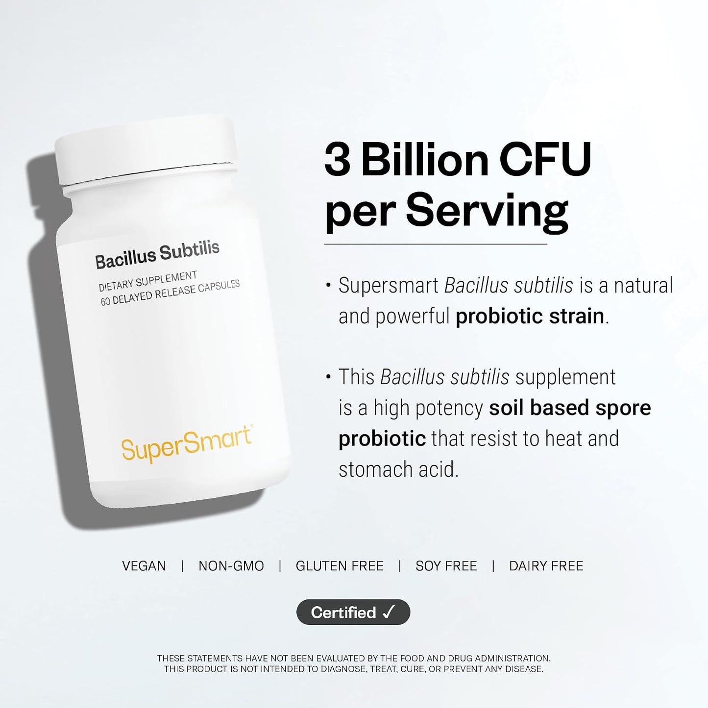 Supersmart - Bacillus Subtilis 3 Billion CFU per Day (High Potency) - Spore Probiotic Supplement | Non-GMO & Gluten Free - 60 DR Capsules
