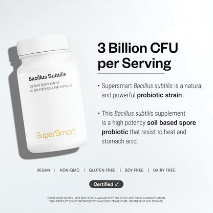 Supersmart - Bacillus Subtilis 3 Billion CFU per Day (High Potency) - Spore Probiotic Supplement | Non-GMO & Gluten Free - 60 DR Capsules
