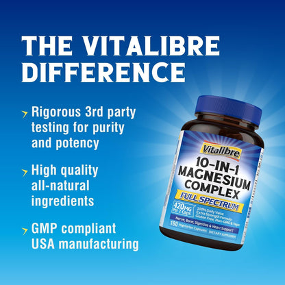 Vitalibre 10 in 1 Magnesium Complex, 420mg Elemental Magnesium 120 Capsules | Ultra Strength, Max Absorption | Chelated Magnesium Supplement for Women Men Nerves, Bone & Heart Health | Non-GMO