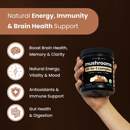 NutraChamps Organic Mushroom Powder - 10-in-1 Complex - Mushroom Supplement Powder Blend for Memory, Focus & Immune Support - 8oz (8.0 OZ, Mushroom Blend)