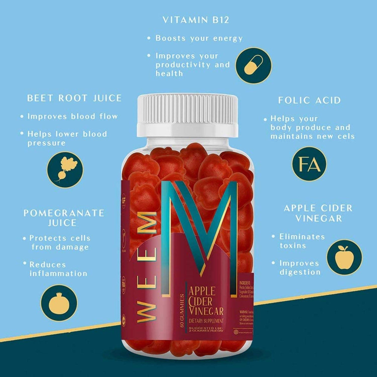 WEEM Gummies Health Bundle - 3 Pack: Apple Cider Vinegar, Hair Skin and Nails & Immune