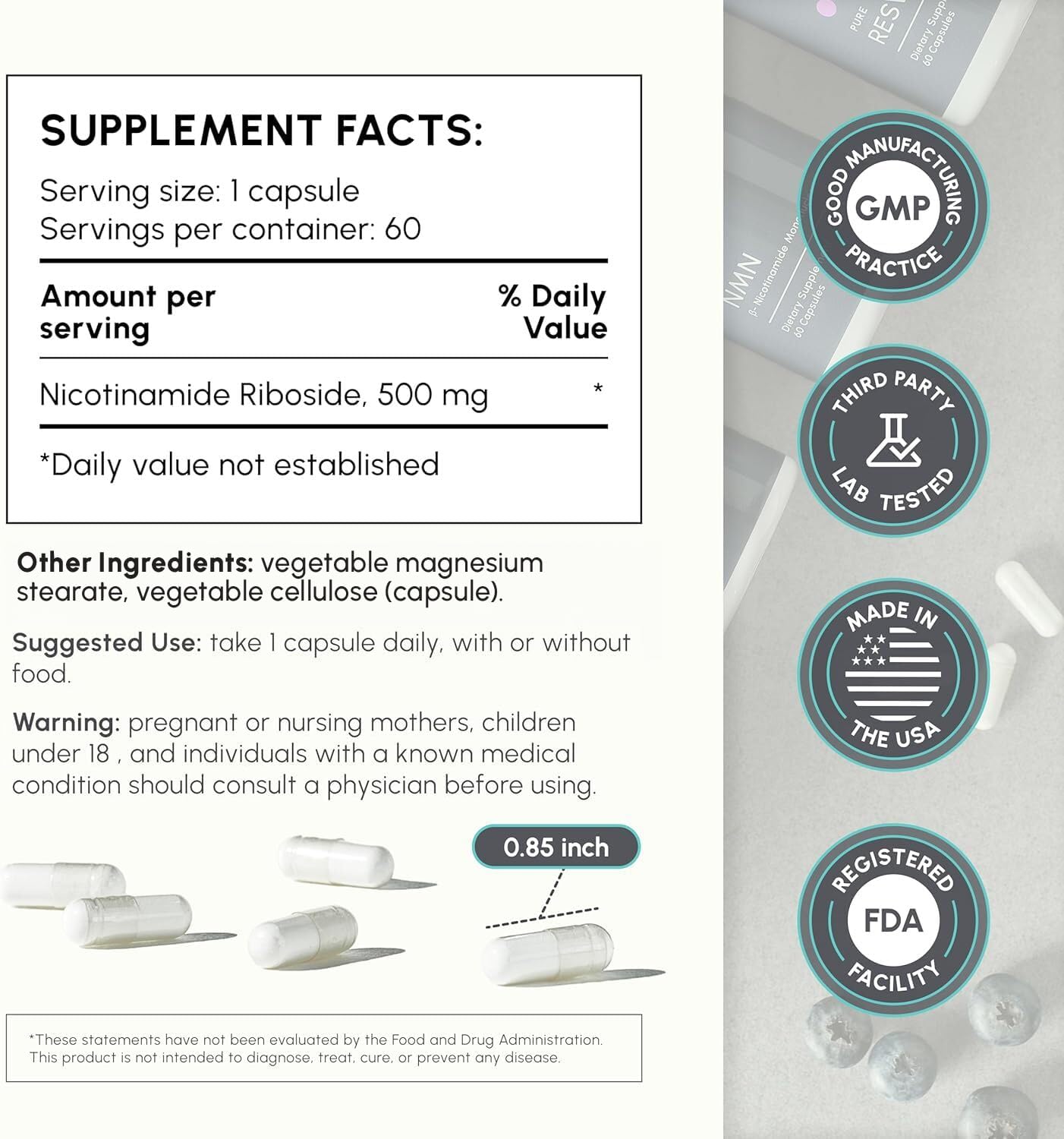 partiQlar NR Supplement - High Purity Nicotinamide Riboside Capsules - NAD+ Booster for Anti-Aging, Cellular Energy & Repair - Alternative to NMN - 60 Veggie Capsules