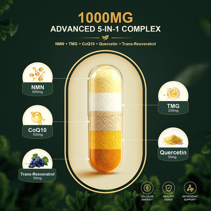 NMN Supplement, NAD+ Precursor Support 1000mg 5-in-1 Complex with 600mg Nicotinamide Mononucleotide and TMG 200mg, Trans-Resveratrol, Quercetin, CoQ10 for Cellular Energy, Antioxidant Support